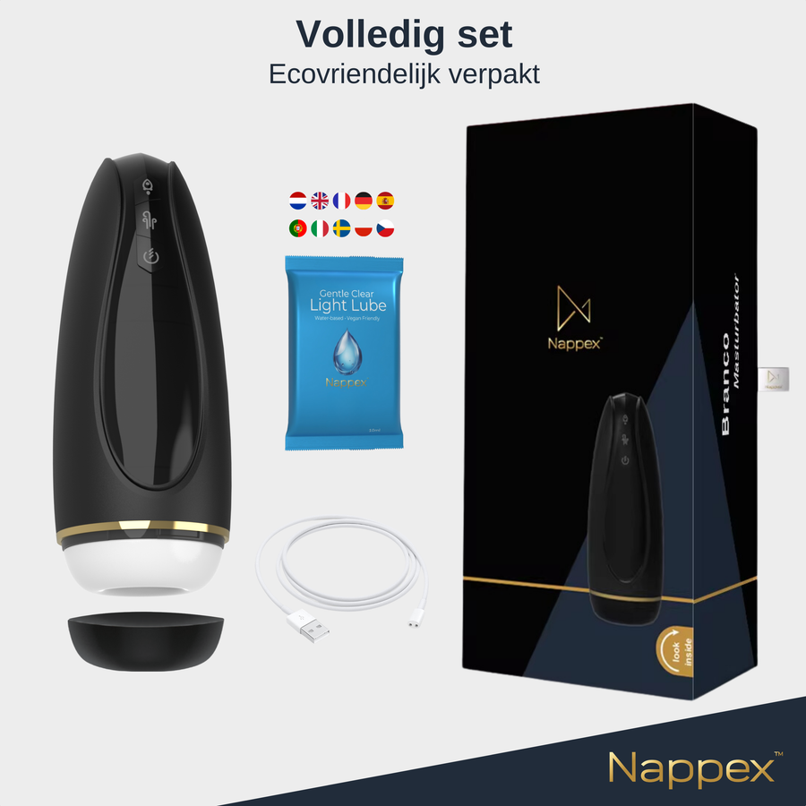 De complete set: Branco, glijmiddel, oplaadkabel en de productverpakking