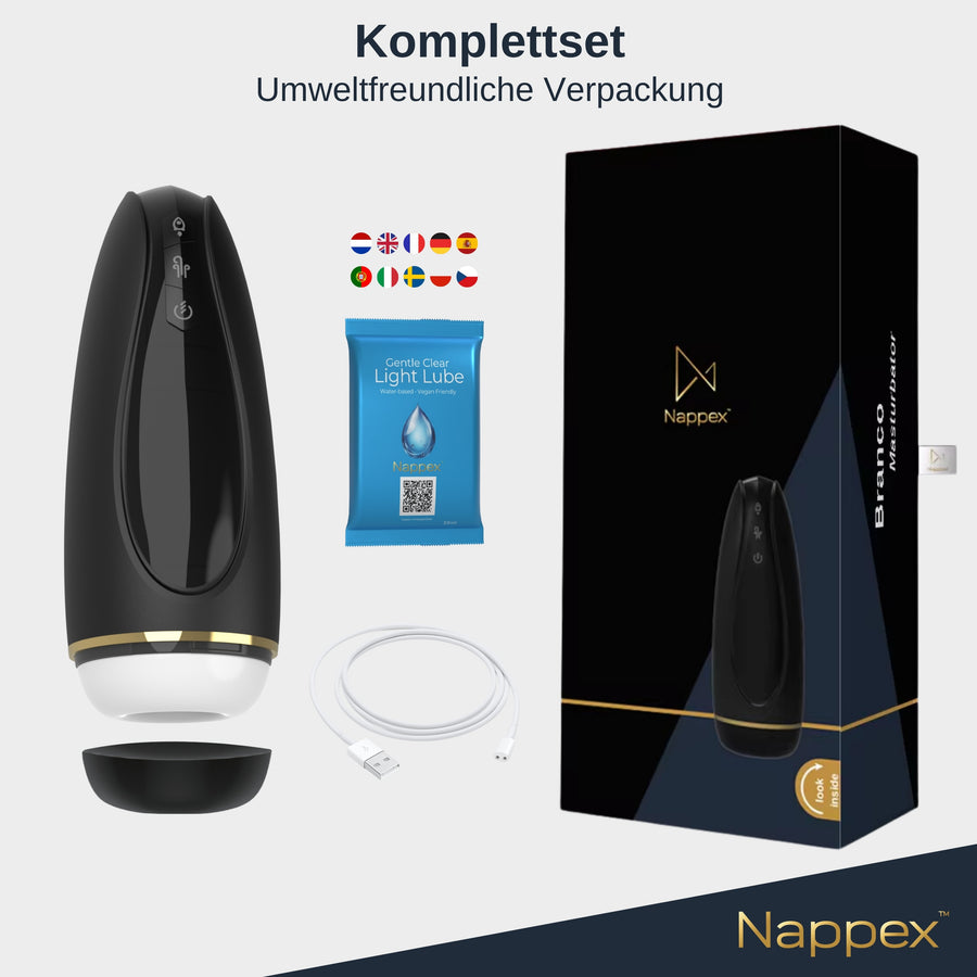 Das komplette Set: Branco, Gleitgel, Ladekabel und die Produktverpackung