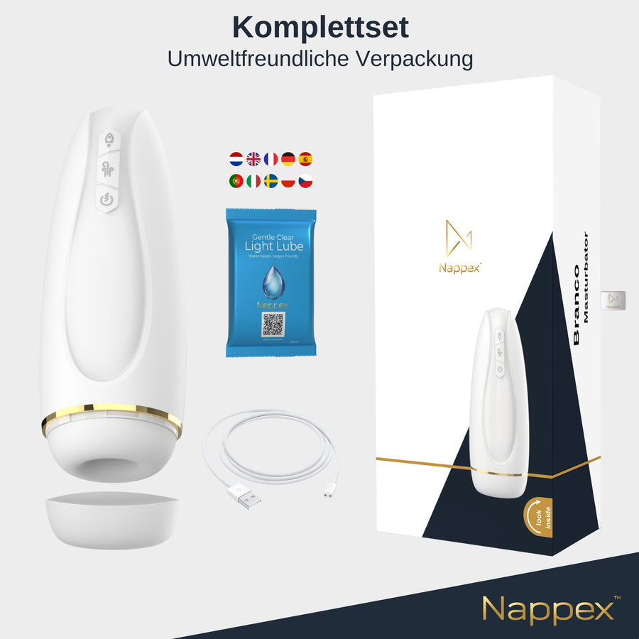 Das komplette Set: Branco, Gleitgel, Ladekabel und die Produktverpackung