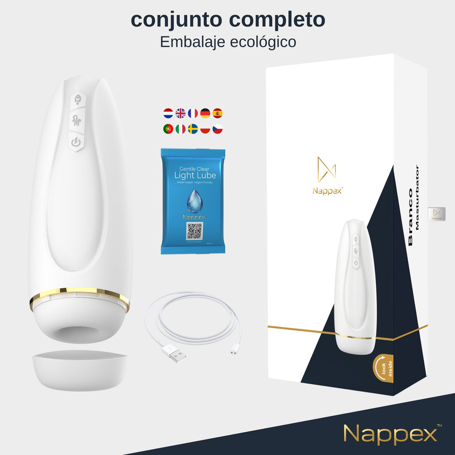 El set completo: Branco, lubricante, cable de carga y la caja del producto