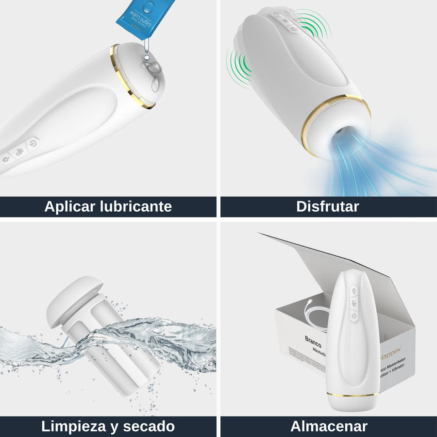 Branco en cuatro pasos: aplicar lubricante, disfrutar, limpiar y secar, guardar