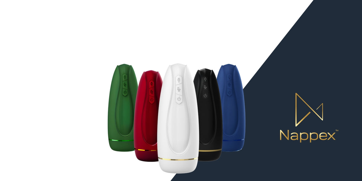 Five Nappex Branco masturbators in green, red, white, black and blue, with the Nappex logo