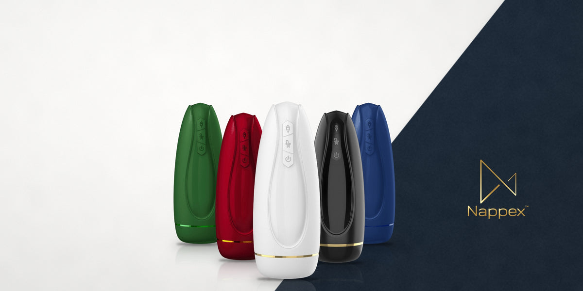 Five Nappex Branco masturbators in green, red, white, black and blue, with the Nappex logo