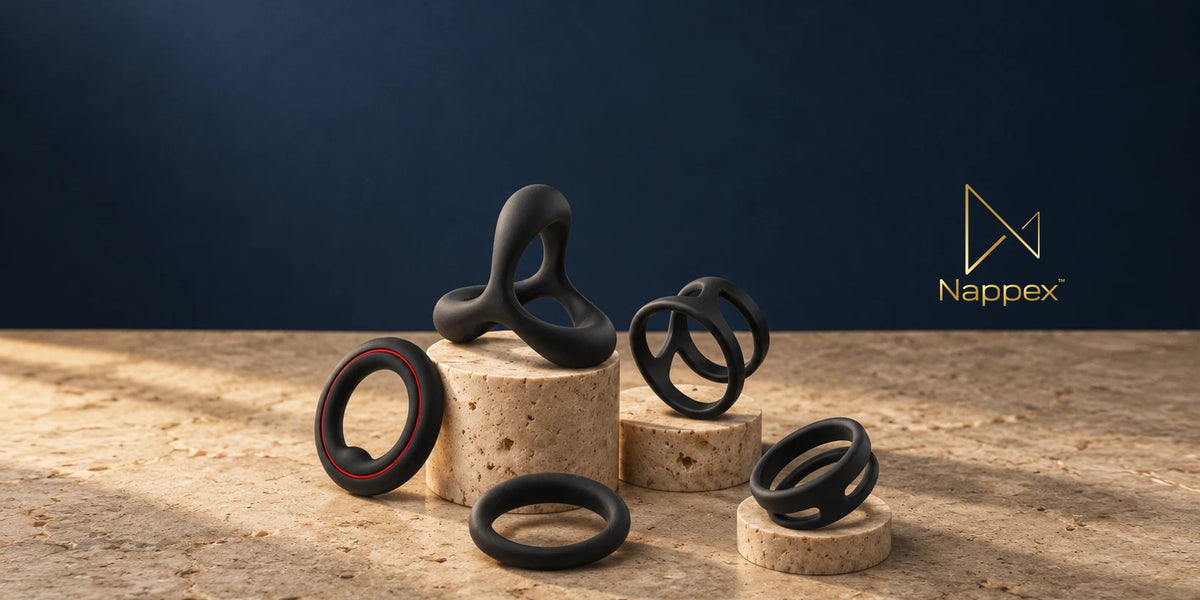 Five black Nappex silicone cockrings on travertine plinths, with the Nappex logo